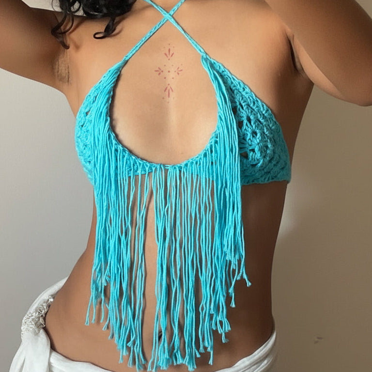 aqua fringe bikini top