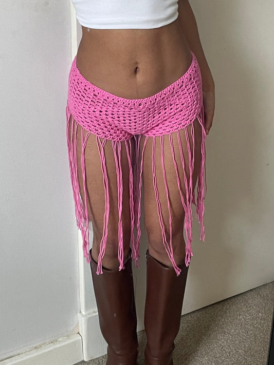 pink fringe booty shorts